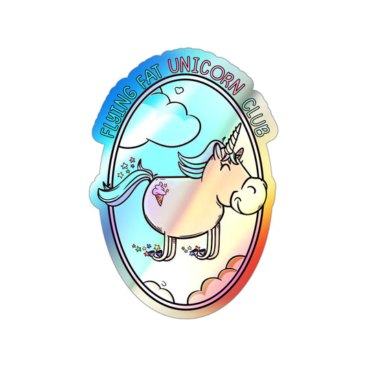 Holographic Flying Fat Unicorn Club Paper products Printify 3" × 3" Die-Cut Holographic